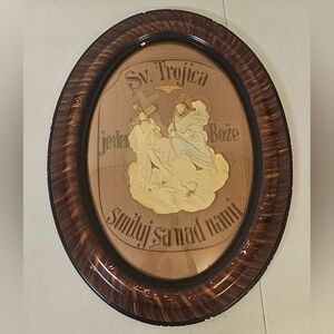 Rare Antique Slovak Holy Trinity Framed Needlepoint Religious Oval Wall Decor